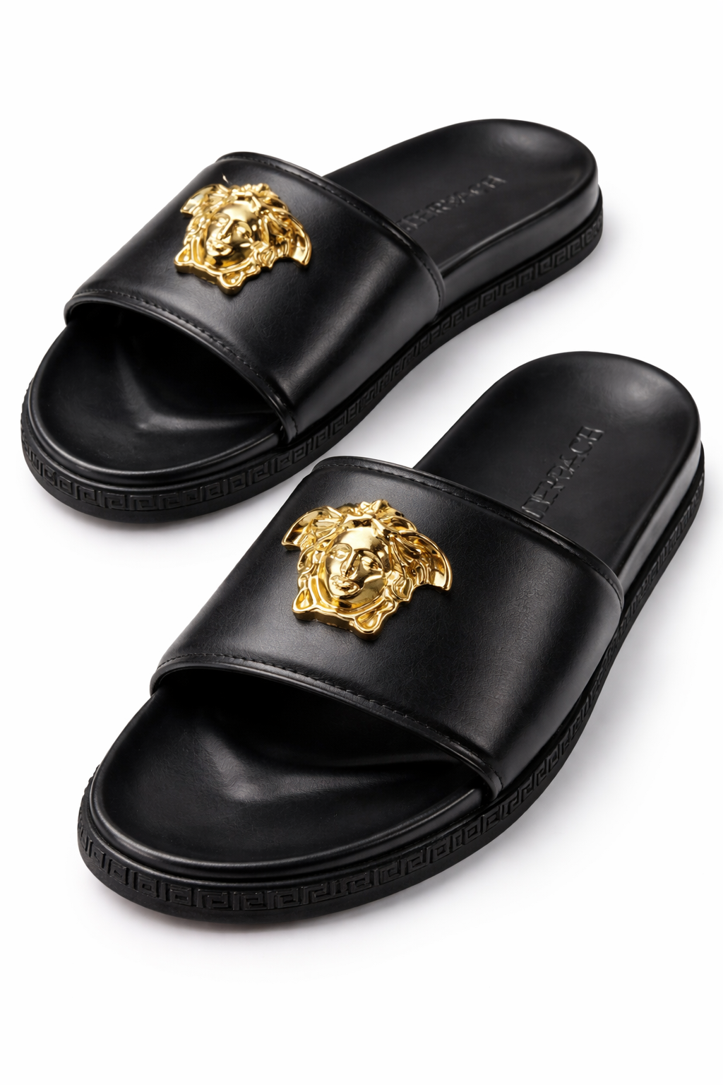 VERSACE LEATHER SLIDES LA MEDUSA BLACK