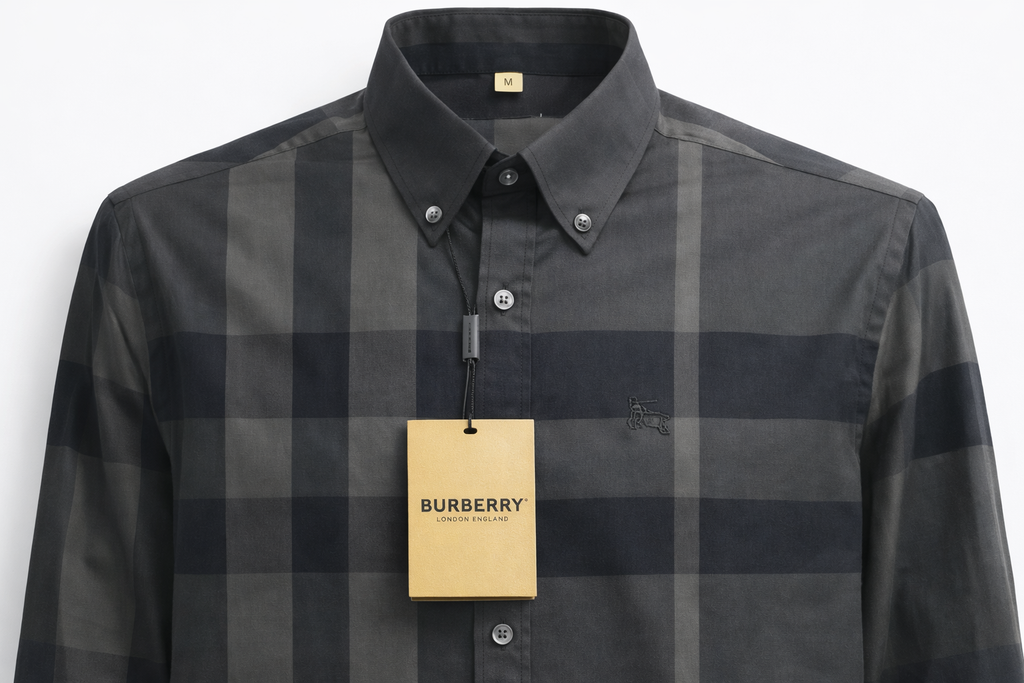 Burberry button-down shirt features the brand's signature charcoal grey