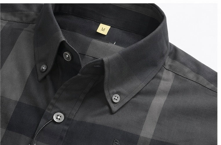 Burberry button-down shirt features the brand's signature charcoal grey