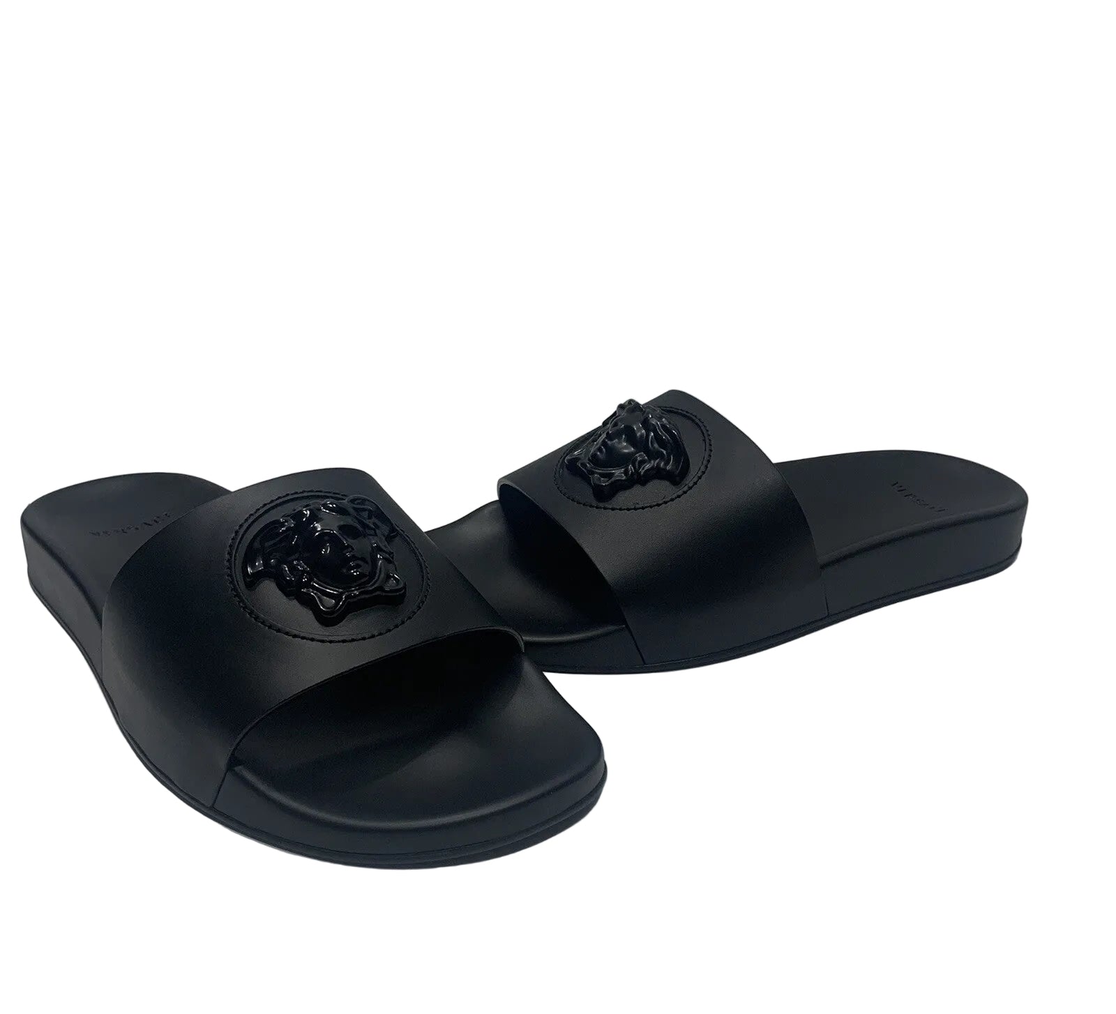 VERSACE LEATHER SLIDES LA MEDUSA BLACK