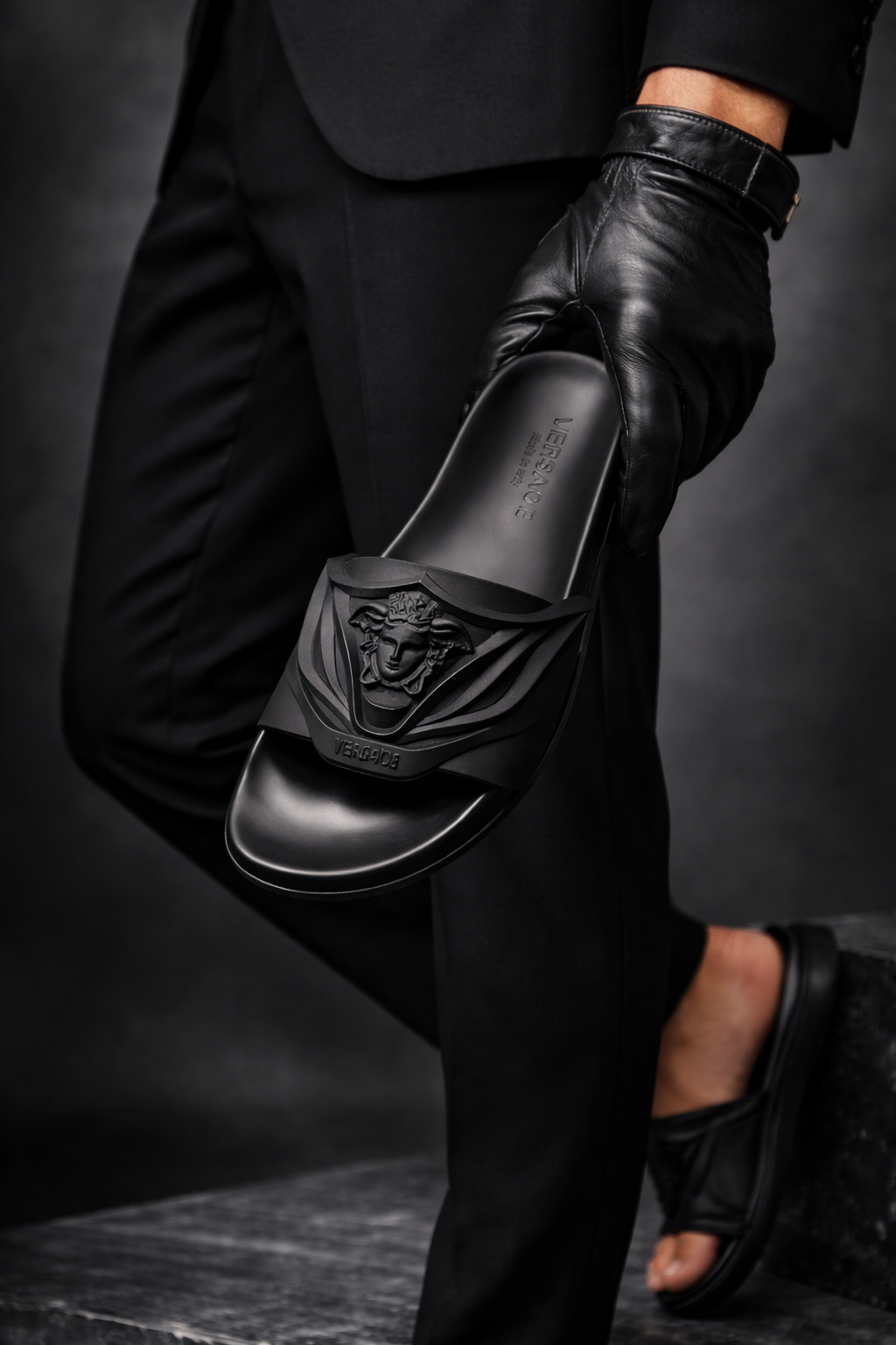 Versace Medusa Embossed Black Slide Sandals