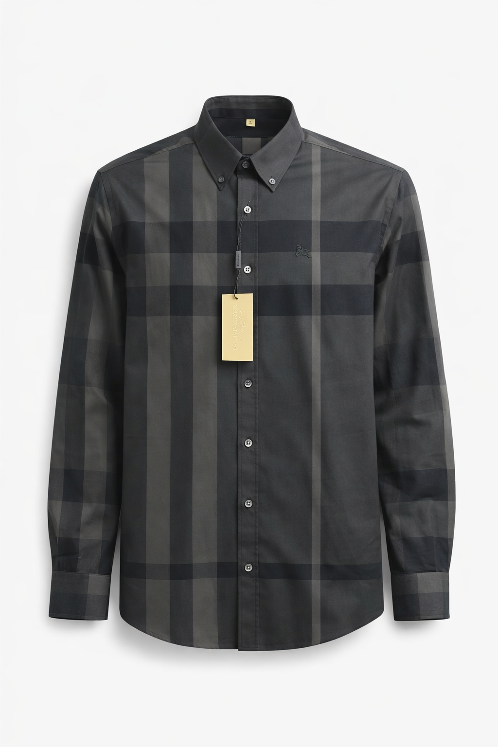 Burberry button-down shirt features the brand's signature charcoal grey
