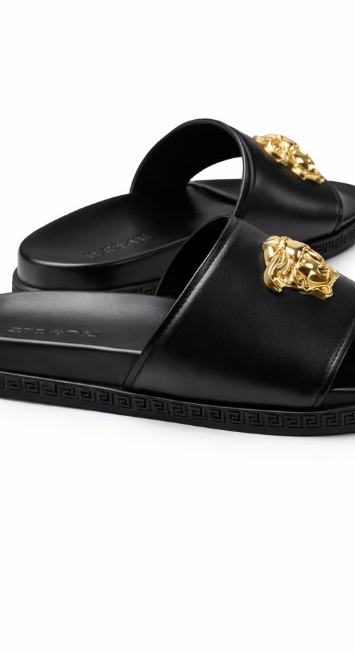 VERSACE LEATHER SLIDES LA MEDUSA BLACK