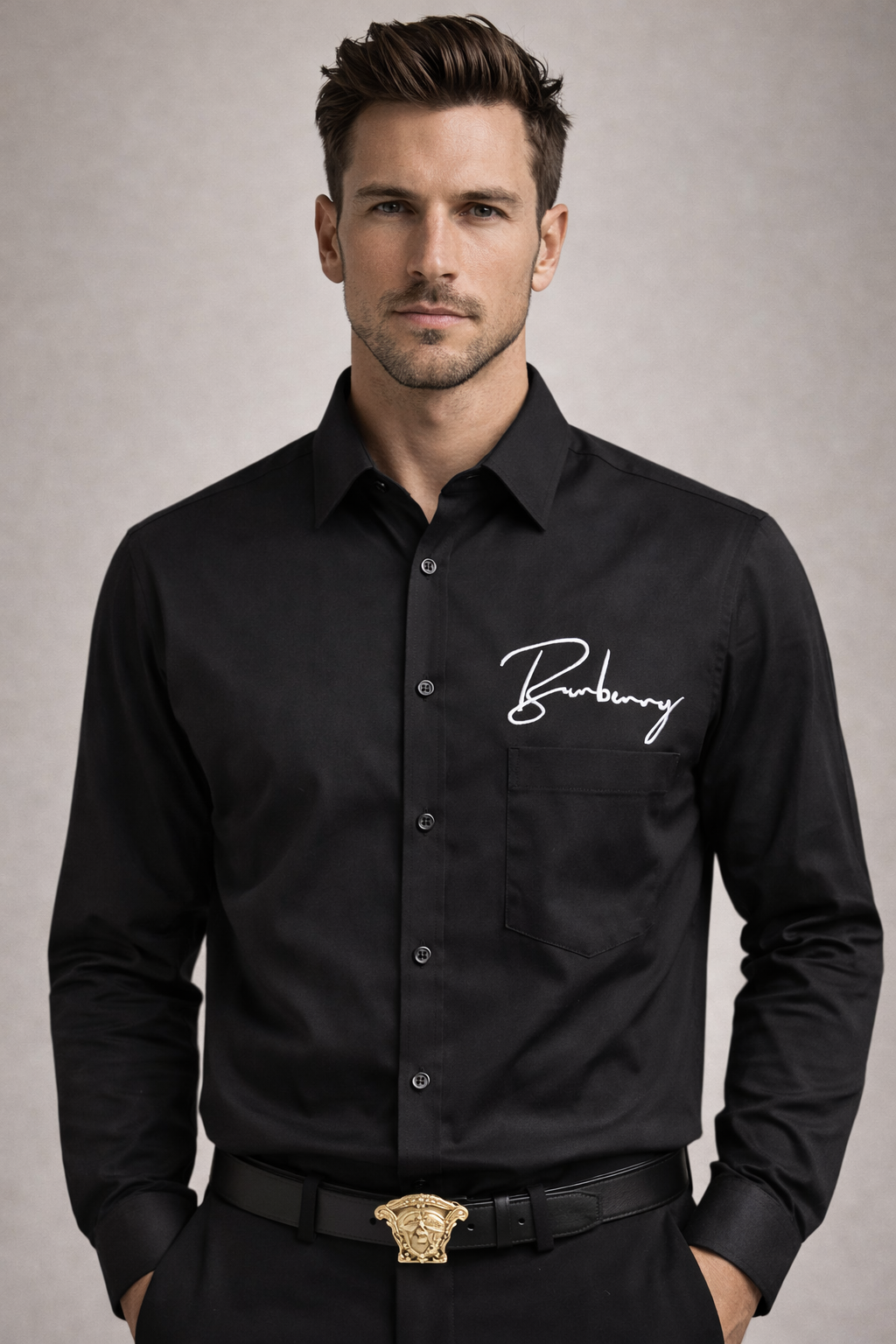 BURBERRY Navy Blue Logo Cotton Shirt
