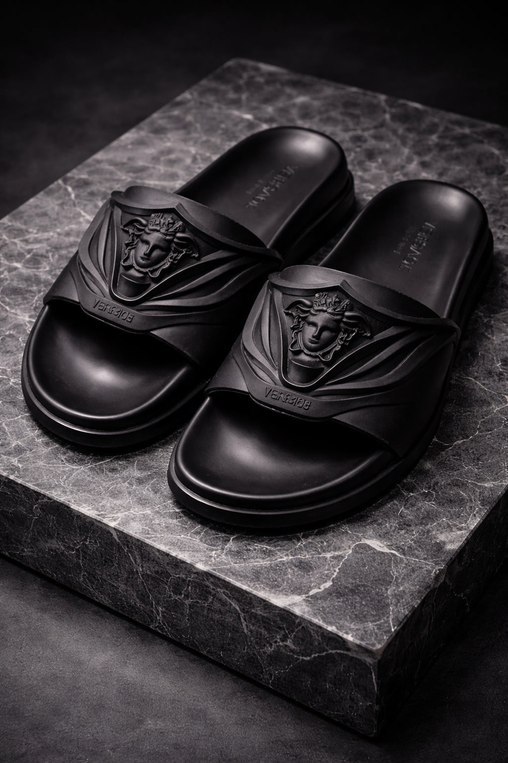 Versace Medusa Embossed Black Slide Sandals
