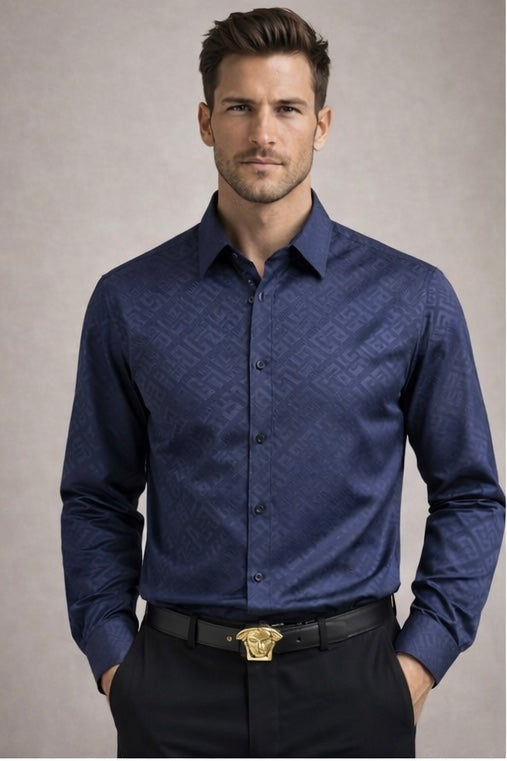 VERSACE Navy blue printed formal shirt