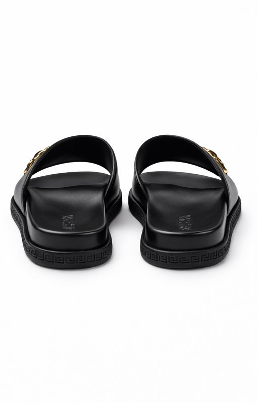 VERSACE LEATHER SLIDES LA MEDUSA BLACK