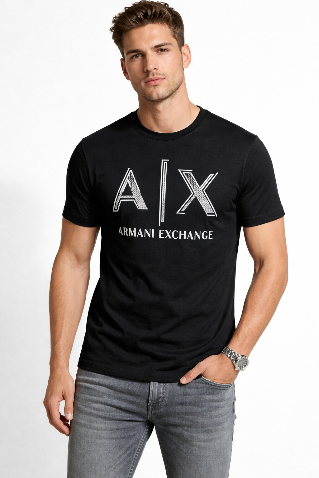black Armani Exchange Logo Print Slim Fit Crew-Neck T-shirt