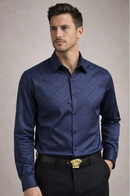 VERSACE Navy blue printed formal shirt