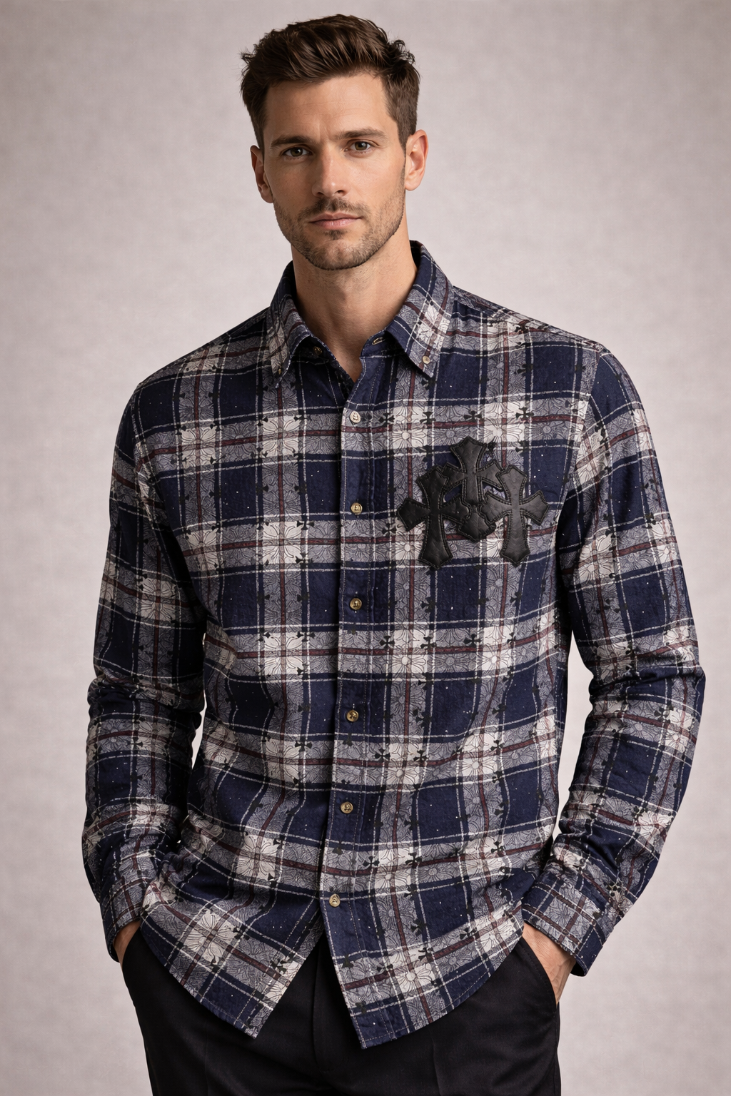 CHROME Hearts Gray plaid button