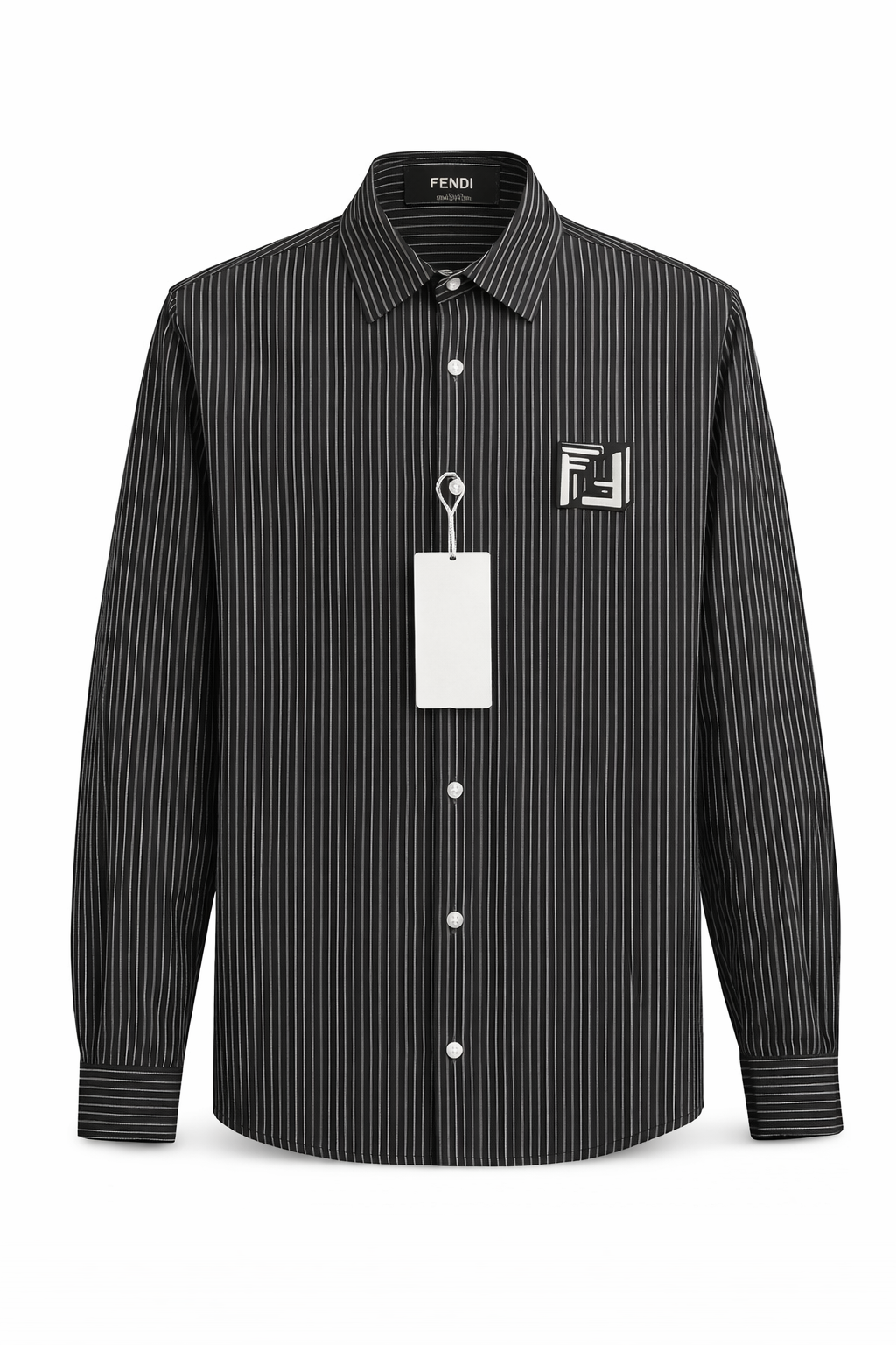 black striped shirt featuring the Fendi brand logo on the chest