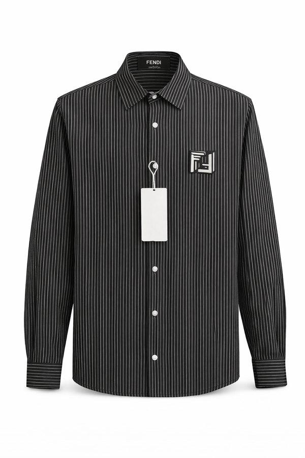 black striped shirt featuring the Fendi brand logo on the chest