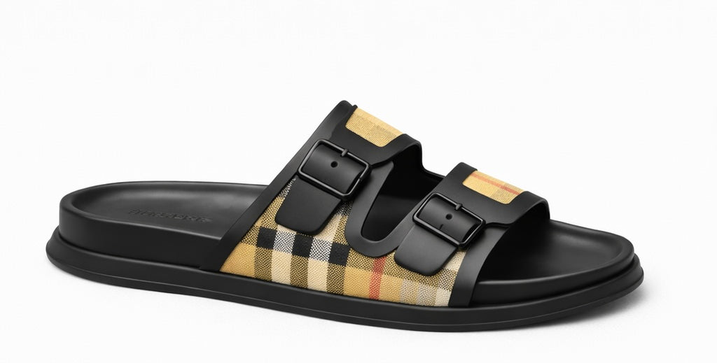 BURBERRY CHECK COTTON CANVAS SLIDES